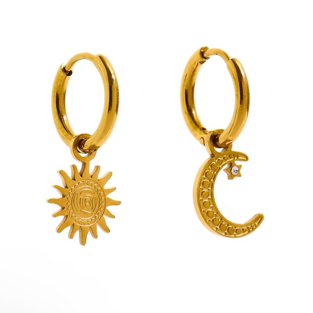 Star Moon Asymmetry Drop Stainless Steel Gold Color Texture Hoop